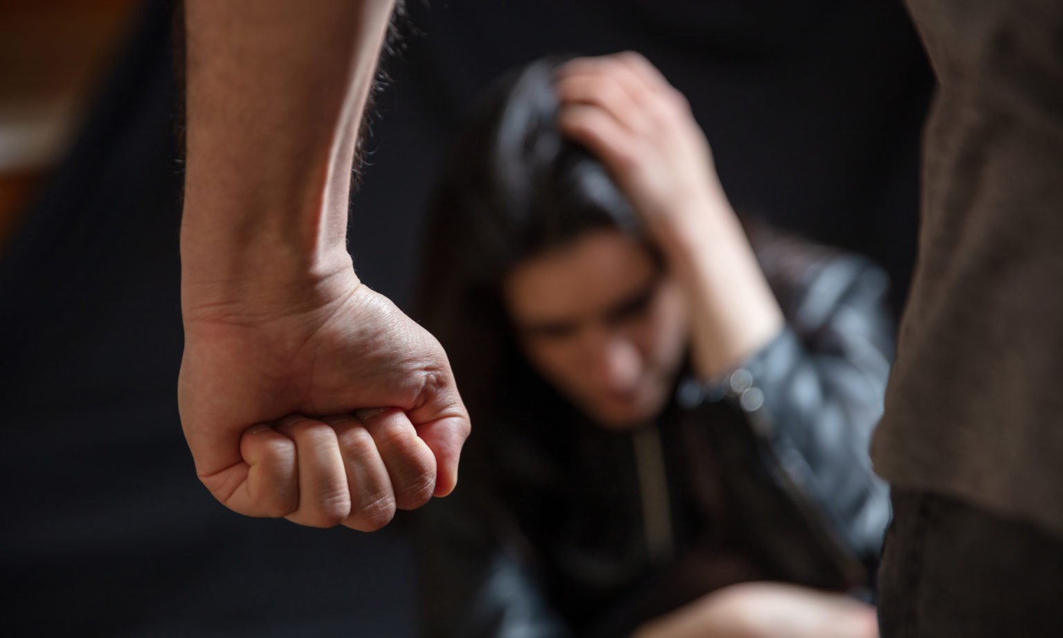 Woman abuse, Young woman scared, male clenched fist close up