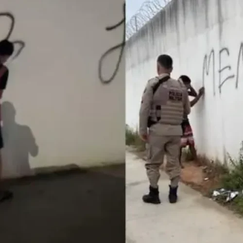 Pegos no flagra! Jovens são obrigados pela PM a limpar muro após pichação em Serrinha