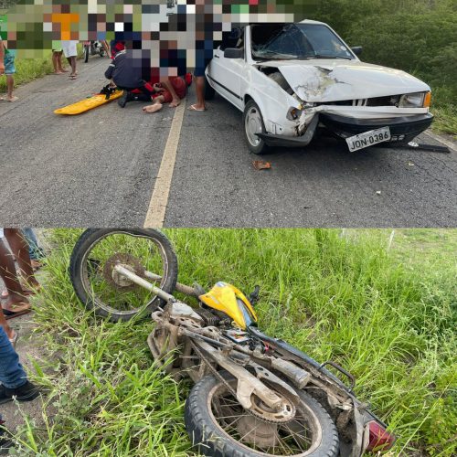 Homem fica ferido após colisão entre carro e moto na BA-120 em Conceição do Coité; vítima será transferida devido fratura na região pélvica