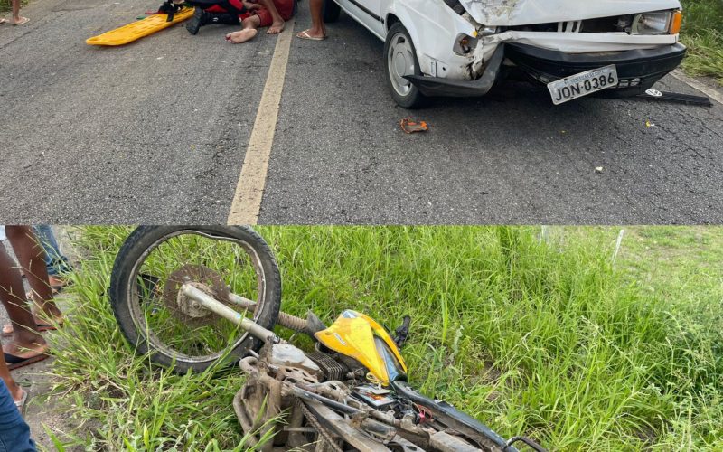 Homem fica ferido após colisão entre carro e moto na BA-120 em Conceição do Coité; vítima será transferida devido fratura na região pélvica