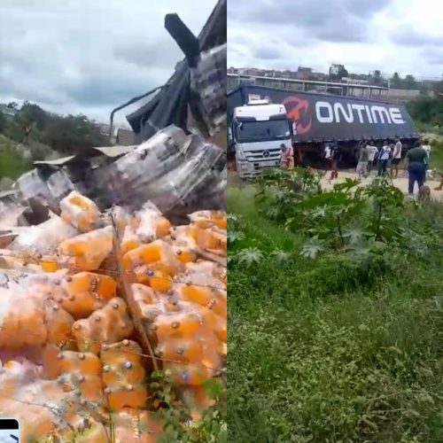 Tentativa de saque é frustrada pela PM e GCM após carreta carregada com refrigerantes tombar no bairro Fluminense, em Conceição do Coité