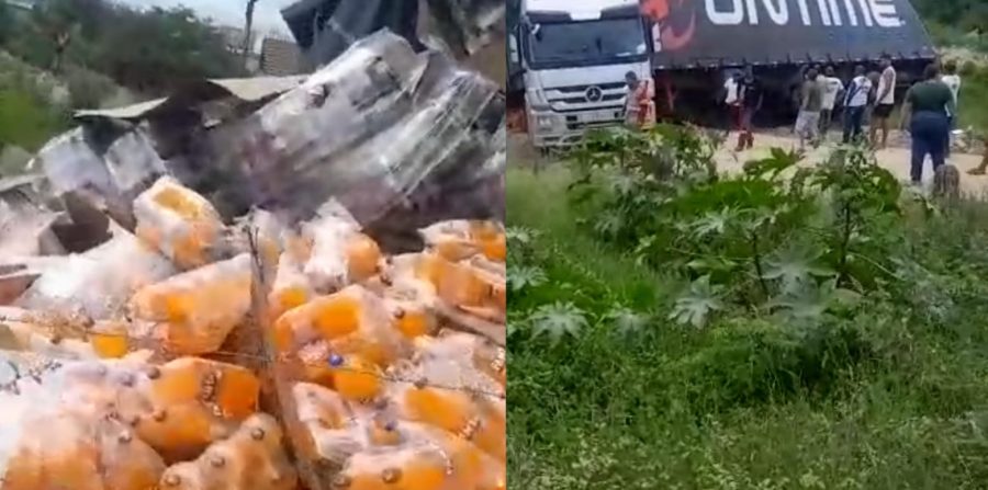 Tentativa de saque é frustrada pela PM e GCM após carreta carregada com refrigerantes tombar no bairro Fluminense, em Conceição do Coité